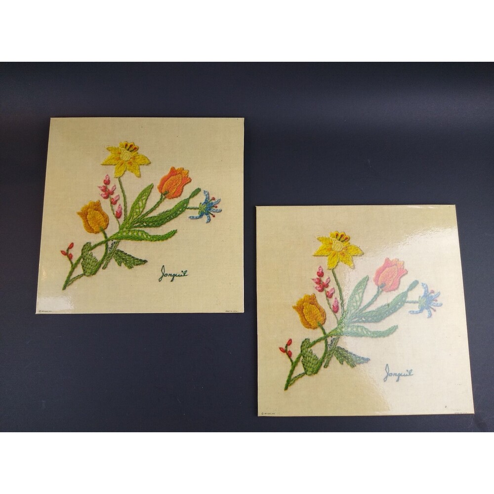 Vintage 1970s Floral Wall Plaque or Trivet Set Litho of Embroidered Flowers USA